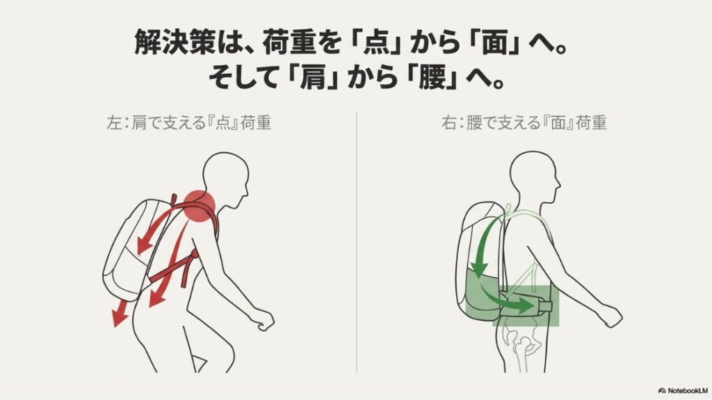 バイクにリュックは危ないし疲れない？肩のみで支える点荷重と、腰ベルトを使用して背中全体で支える面荷重の比較図