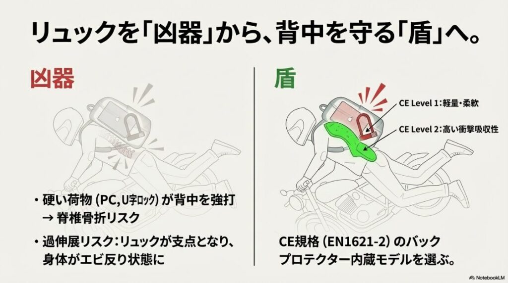 バイクにリュックは危ないし疲れない？リュックにCE規格バックプロテクターを内蔵し、転倒時の衝撃から背中を守る安全対策のイメージ図