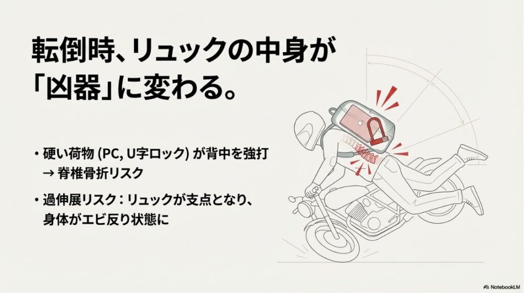 バイクにリュックは危ないし疲れない？転倒時にノートPCやU字ロックが背中を強打するリスクと、身体がエビ反りになる過伸展の危険性を示すイラスト