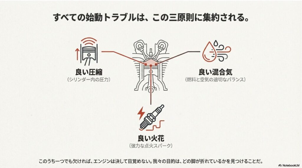 バイクのエンジンがかからない！キュルキュル鳴ったりセルは回る原因：バイクのエンジンがかからない！キュルキュル鳴ったりセルは回る原因：エンジン始動に不可欠な良い圧縮、良い混合気、良い火花の3要素を示したイラスト