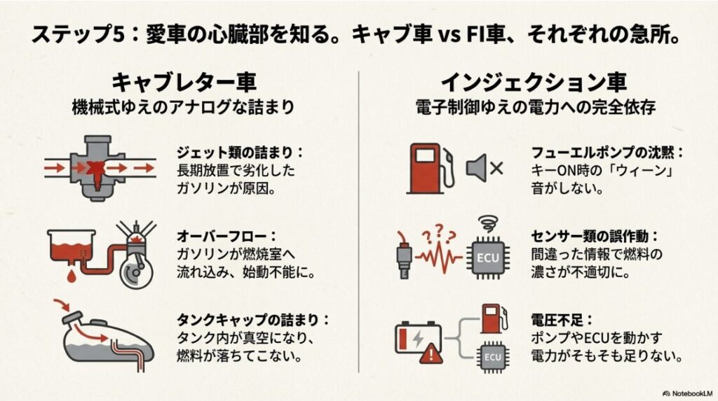 バイクのエンジンがかからない！キュルキュル鳴ったりセルは回る原因：キャブレターの詰まりやオーバーフロー、インジェクション車のポンプ故障などの原因比較図