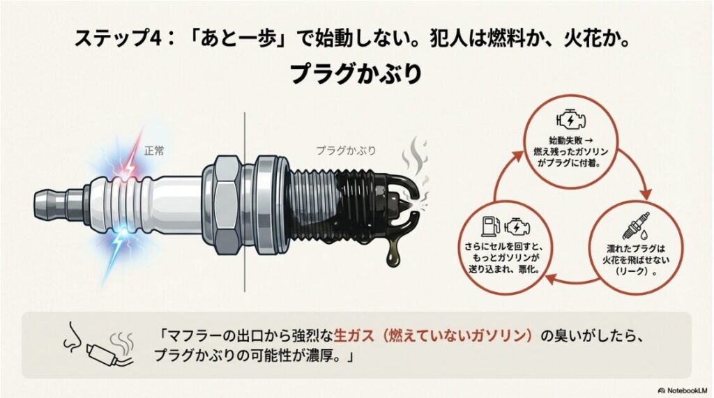バイクのエンジンがかからない！キュルキュル鳴ったりセルは回る原因：ガソリンで濡れたプラグ（かぶり）が火花を飛ばせなくなる様子を描いたイラスト