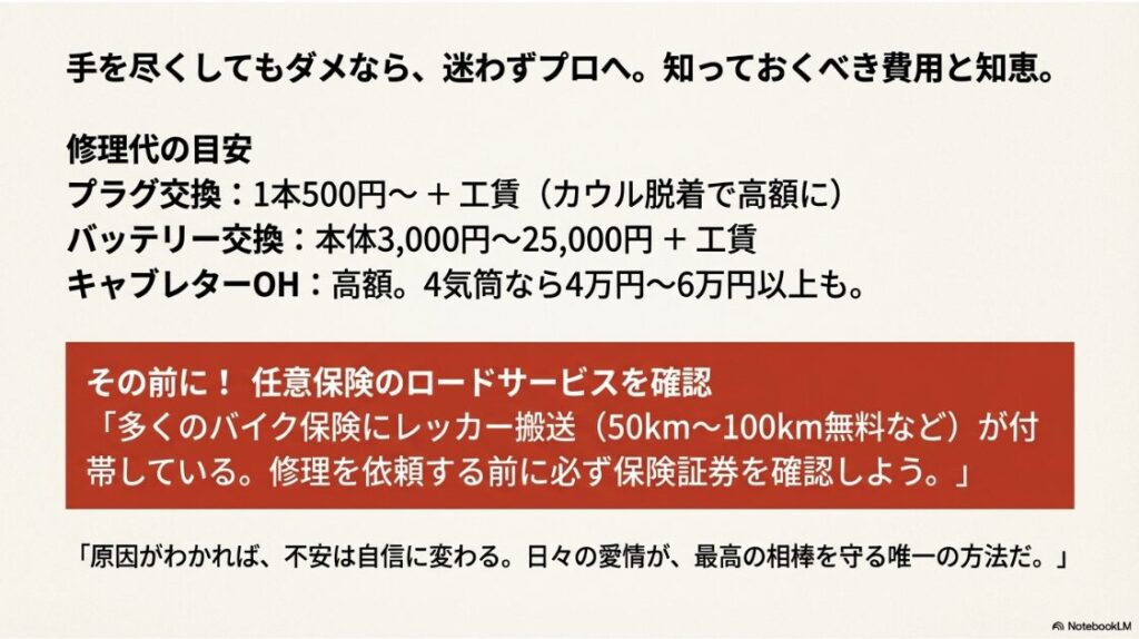 バイクのエンジンがかからない！キュルキュル鳴ったりセルは回る原因：プラグやバッテリー交換、キャブレターOHの概算費用と任意保険のレッカーサービスについて