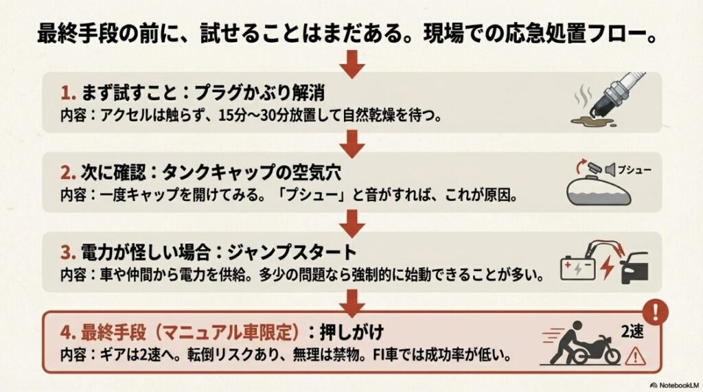 バイクのエンジンがかからない！キュルキュル鳴ったりセルは回る原因：プラグ乾燥、タンクキャップ開放、ジャンプスタート、押しがけの手順フローチャート