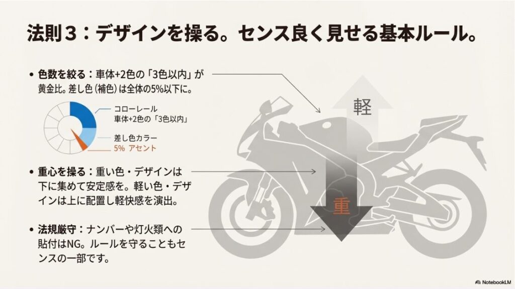 バイクのステッカーはダサい？ステッカーカスタムにおける色数制限と重心配置の黄金比