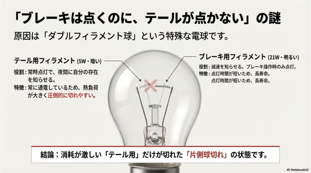 バイクのテールランプがつかない原因と修理法！バイク用ダブル球（S25等）の構造図。ブレーキ用とテール用の2つのフィラメントがあり、片方だけ切れる仕組みを解説