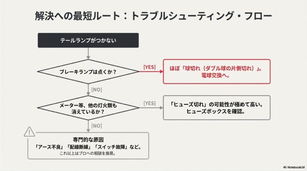 バイクのテールランプがつかない原因と修理法！バイクのテールランプがつかない時の原因を特定するためのYES/NO診断フローチャート図