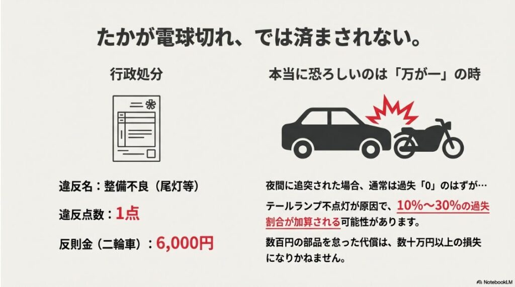 バイクのテールランプがつかない原因と修理法！バイクのテールランプ整備不良による違反点数、反則金、および追突事故時の過失割合加算リスクの図解