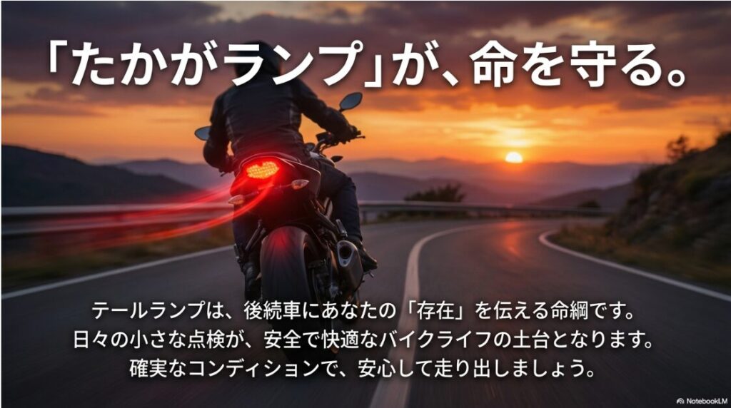 バイクのテールランプがつかない原因と修理法！バイクのテールランプは後続車に存在を伝える命綱であり、日々の点検が安全なバイクライフの土台となることを訴えるまとめのスライド