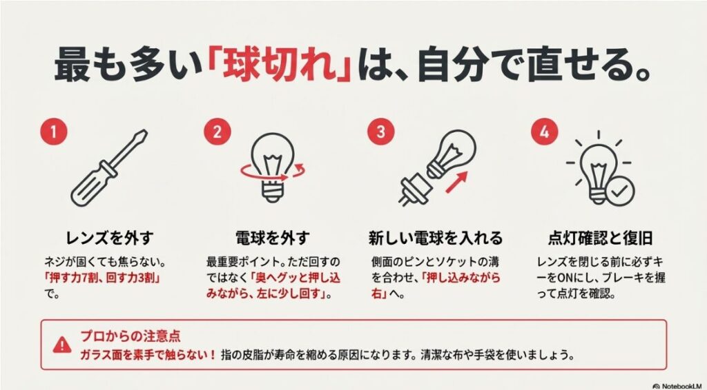 バイクのテールランプがつかない原因と修理法！バイクのテールレンズの外し方と電球の交換方法。押し込みながら回すバヨネット式の脱着手順と注意点