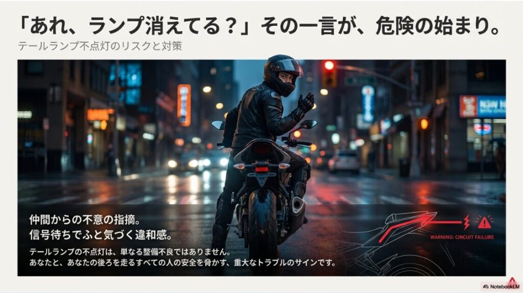 バイクのテールランプがつかない原因と修理法！バイクのテールランプが消えていることに気づいた時の不安と、それが招く危険性について解説する記事の表紙スライド