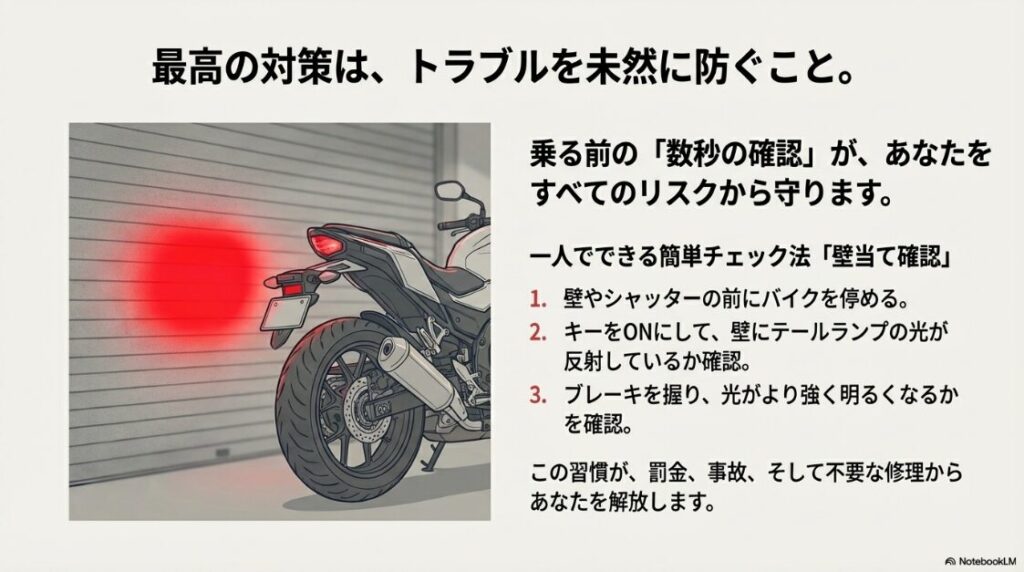 バイクのテールランプがつかない原因と修理法！壁やシャッターへの反射を利用して、一人でバイクのブレーキランプとテールランプの点灯確認を行う方法のイラスト