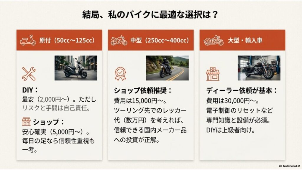 バイクのバッテリーの交換費用の真実！原付はDIYやショップ、大型はディーラー推奨など、バイクのタイプ別おすすめ交換方法チャート