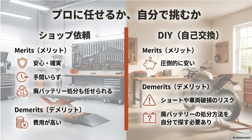 バイクのバッテリーの交換費用の真実！バイクのバッテリー交換をショップに頼むか自分でやるか。費用とリスクの比較表