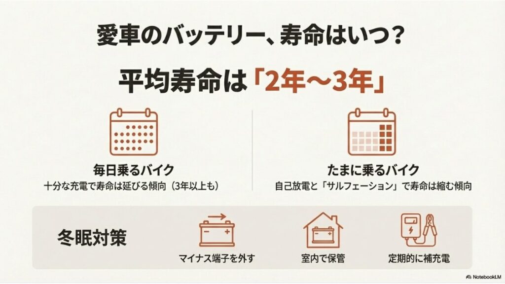 バイクのバッテリーの交換費用の真実！バイクバッテリーの寿命は2〜3年。毎日乗る場合と冬眠時の保管方法の違い