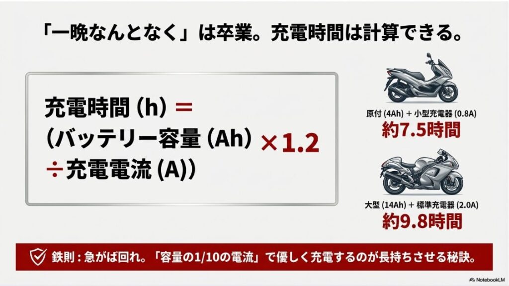 バイクのバッテリーの充電時間の目安は？バイクバッテリーの容量と充電器の出力から充電時間を求める計算式と具体例