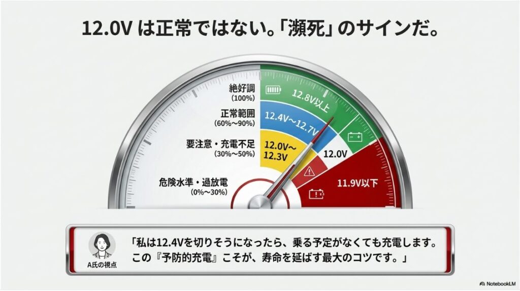 バイクのバッテリーの充電時間の目安は？バイクバッテリーの電圧数値ごとの残存容量と危険度を示すメーター画像