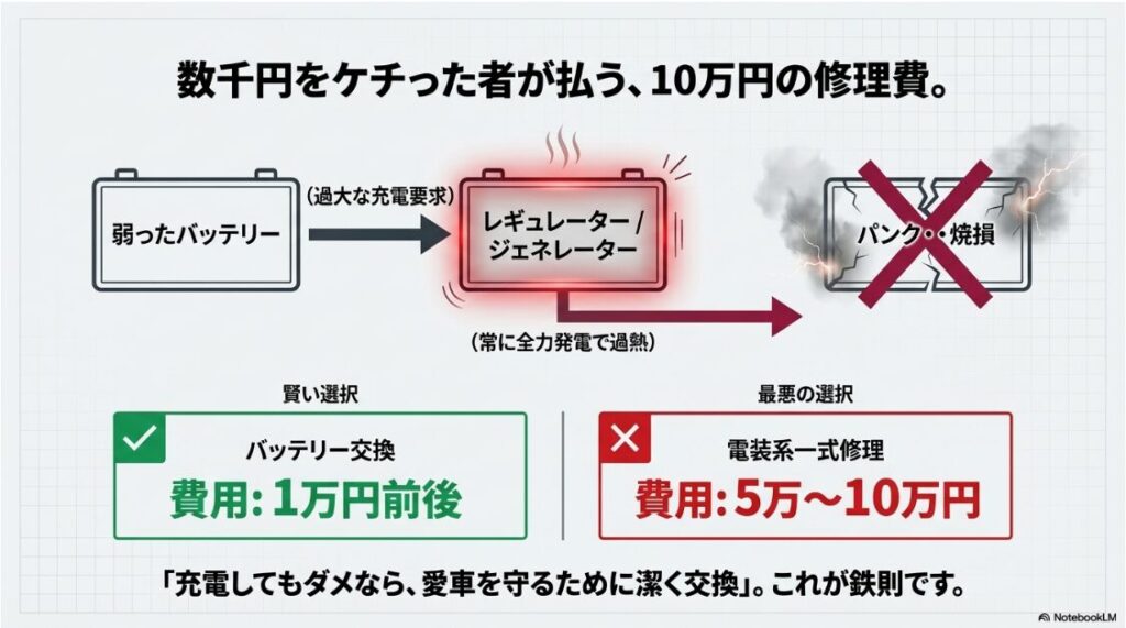 バイクのバッテリーの充電時間の目安は？弱ったバッテリーが原因でレギュレーターが故障した場合の修理費比較図