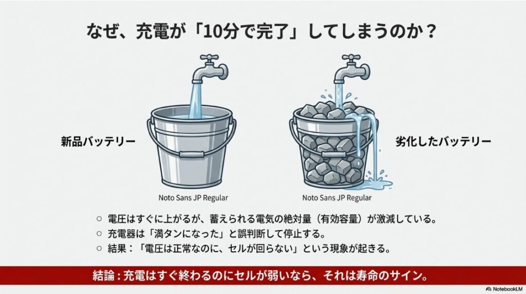 バイクのバッテリーの充電時間の目安は？劣化したバッテリーの有効容量が減る様子を石が入ったバケツで解説した図