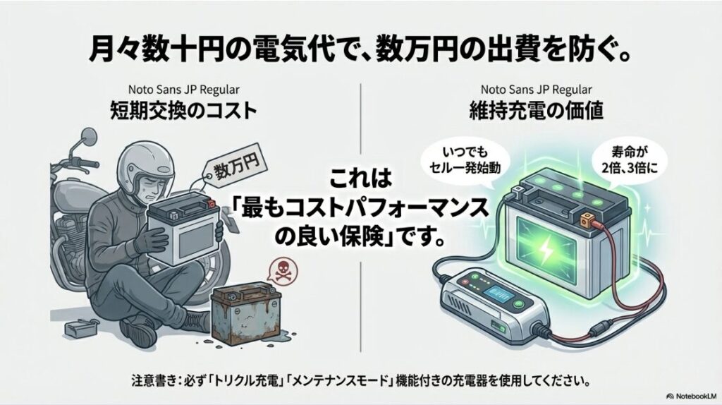 バイクのバッテリーの充電時間の目安は？バイク用維持充電器を使用することでバッテリー寿命が延びるイメージ図