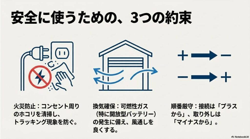 バイクのバッテリー充電器を繋ぎっぱなしはOK？火災や事故を防ぐための安全対策。トラッキング防止の清掃、ガス対策の換気、プラスから接続してマイナスから外す正しい順序を示すアイコン。