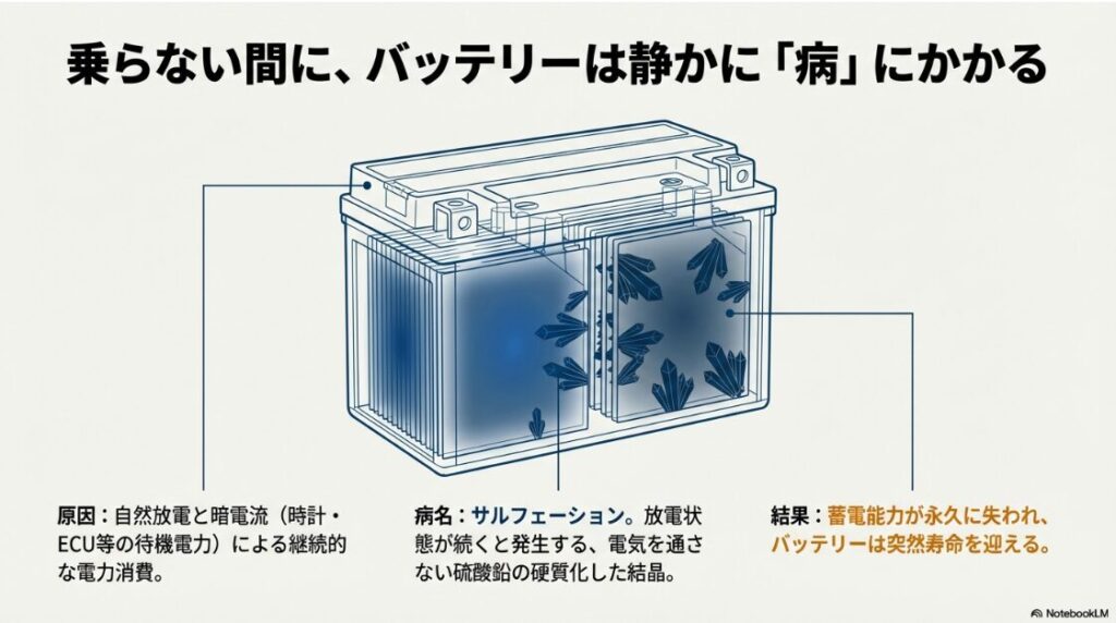 バイクのバッテリー充電器を繋ぎっぱなしはOK？バイク用バッテリーの内部極板に硫酸鉛の結晶（サルフェーション）が付着し、電気の流れを阻害している断面図のイラスト。