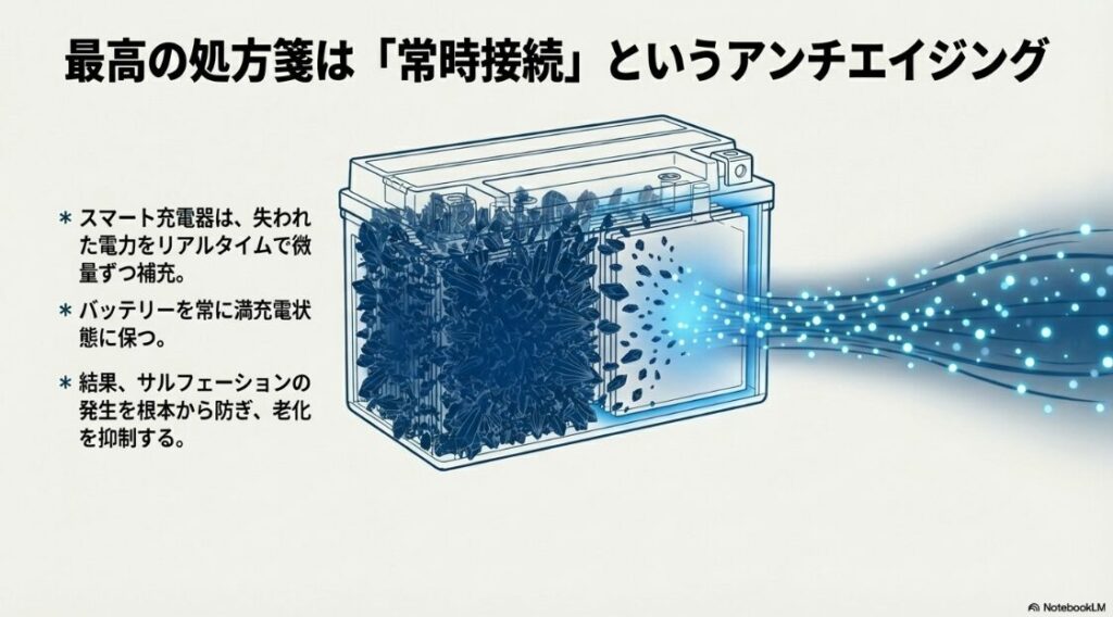 バイクのバッテリー充電器を繋ぎっぱなしはOK？スマート充電器が微量の電力をリアルタイムで補充し、バッテリーを満充電に保つことで老化（サルフェーション）を防いでいるイメージ図。