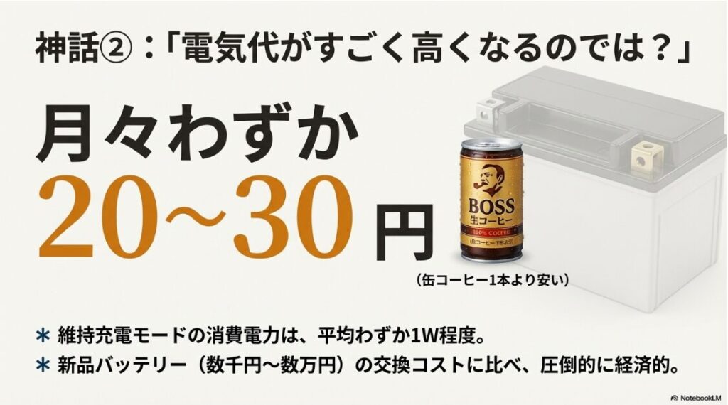 バイクのバッテリー充電器を繋ぎっぱなしはOK？バッテリー充電器を1ヶ月繋ぎっぱなしにした場合の電気代は20〜30円で、缶コーヒー1本分よりも安いことを示すイラスト。