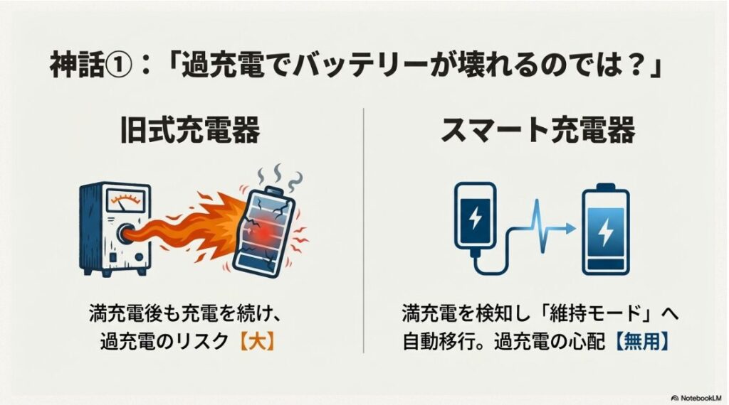 バイクのバッテリー充電器を繋ぎっぱなしはOK？旧式充電器による過充電でバッテリーが破損する危険性と、スマート充電器が満充電を検知して自動で維持モードに移行する安全性の比較イラスト。