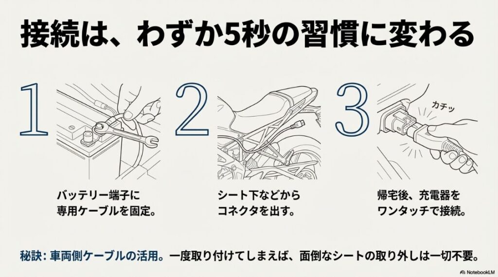 バイクのバッテリー充電器を繋ぎっぱなしはOK？バイクのバッテリー端子に専用ケーブルを共締めし、シート下から出したコネクタに充電器をワンタッチで接続する手順の図解。