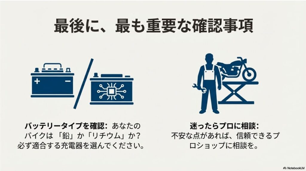 バイクのバッテリー充電器を繋ぎっぱなしはOK？自分のバイクが鉛バッテリーかリチウムイオンバッテリーかを確認し、適合する充電器を選ぶよう促す注意喚起のイラスト。