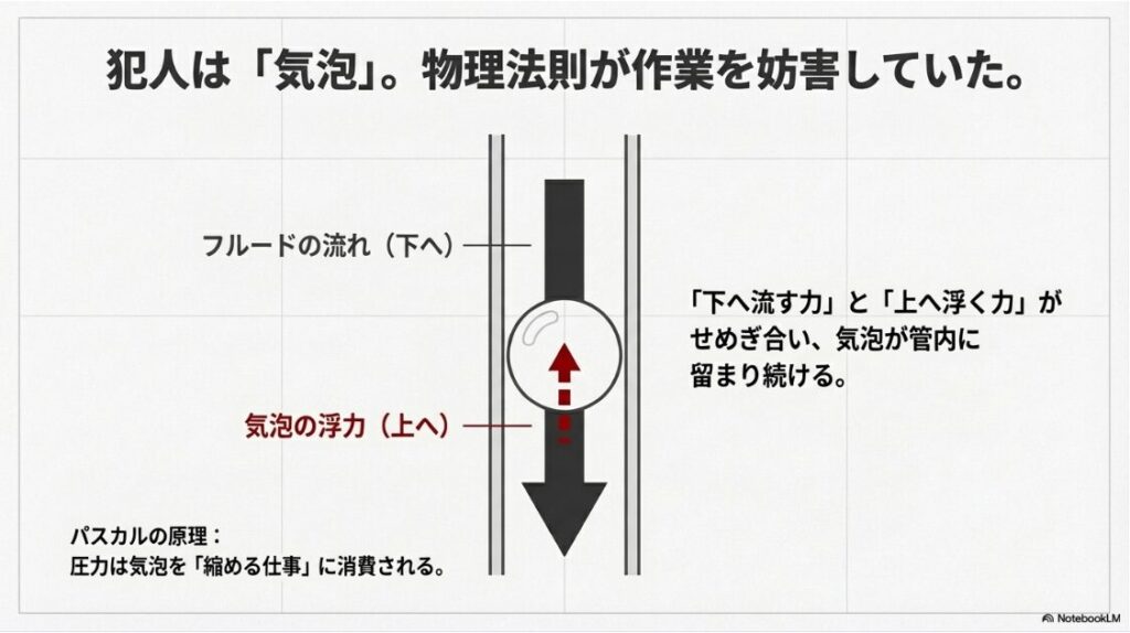 バイクのブレーキをエア抜きしても固くならない時の注射器のやり方：テキストで解説している「気泡を縮める仕事」や「浮力」  を図解で補完し、なぜ従来の方法ではダメなのかを理解させるためです。