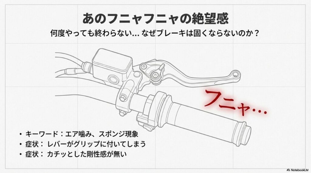 バイクのブレーキをエア抜きしても固くならない時の注射器のやり方：ブレーキレバーを握ると抵抗なくグリップにくっついてしまうフニャフニャな状態のイラスト