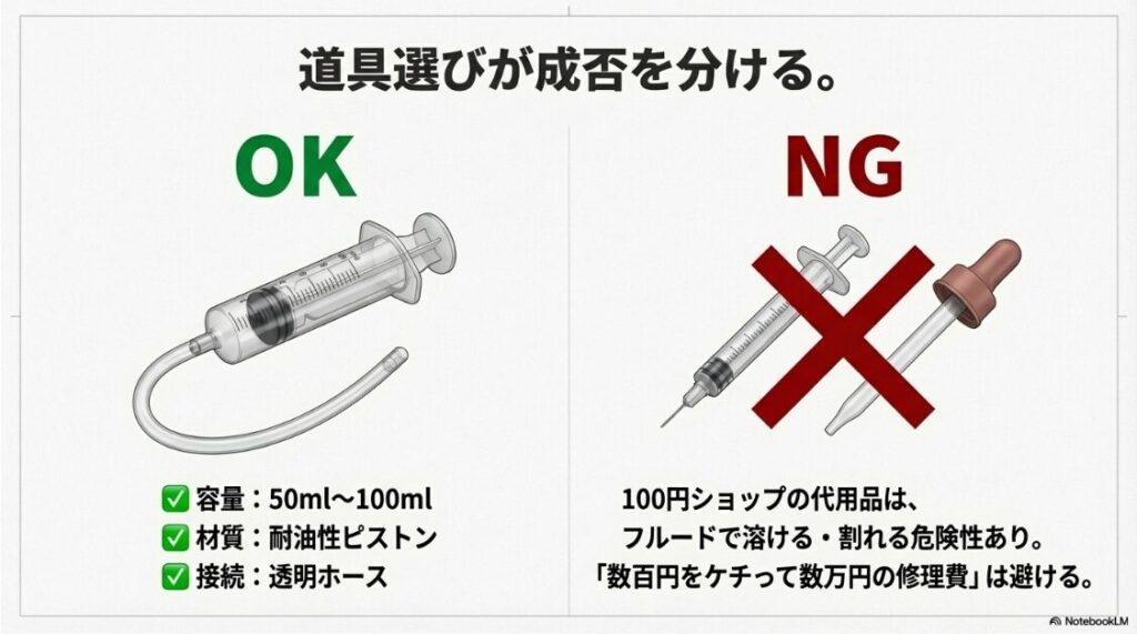 バイクのブレーキをエア抜きしても固くならない時の注射器のやり方：具体的なNG例（スポイトなど） を視覚的に示し、道具選びの重要性  を強調するためです。