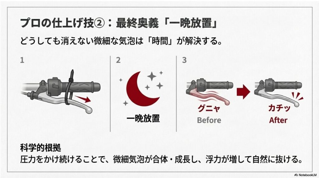 バイクのブレーキをエア抜きしても固くならない時の注射器のやり方：ブレーキレバーをタイラップで固定して一晩放置し、微細な気泡を抜く方法とBefore Afterの比較