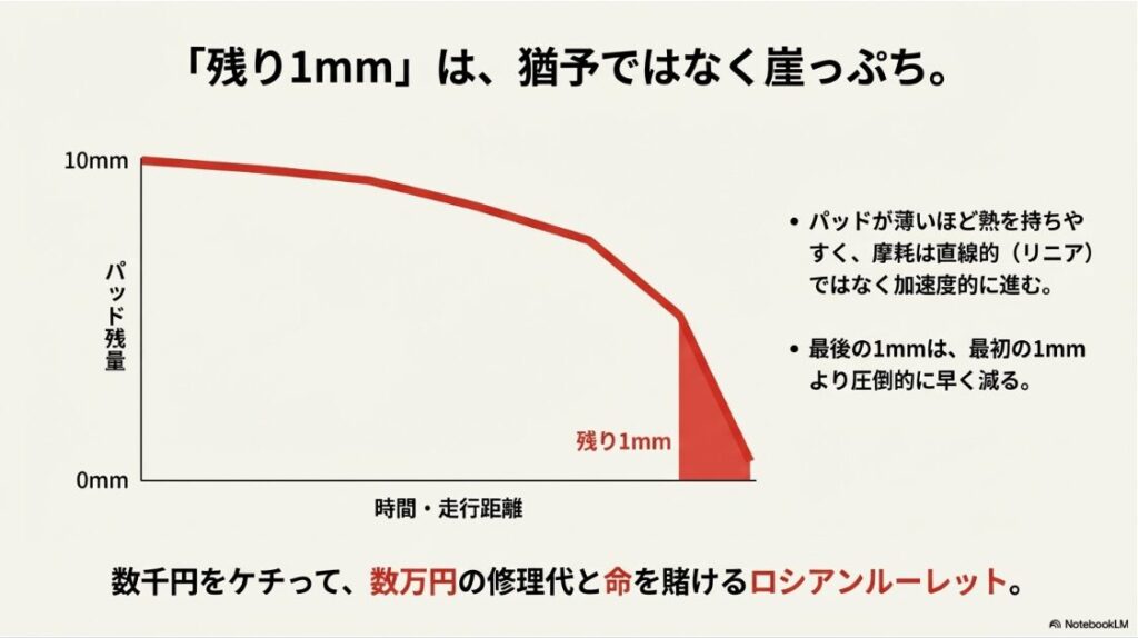 バイクのブレーキパッド交換時期の目安！ブレーキパッド残量1mmからの摩耗速度が急激に早まるグラフ