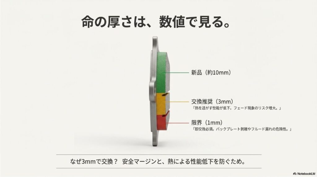 バイクのブレーキパッド交換時期の目安！ブレーキパッドの厚さ目安図解：新品10mm・交換推奨3mm・限界1mmのリスク