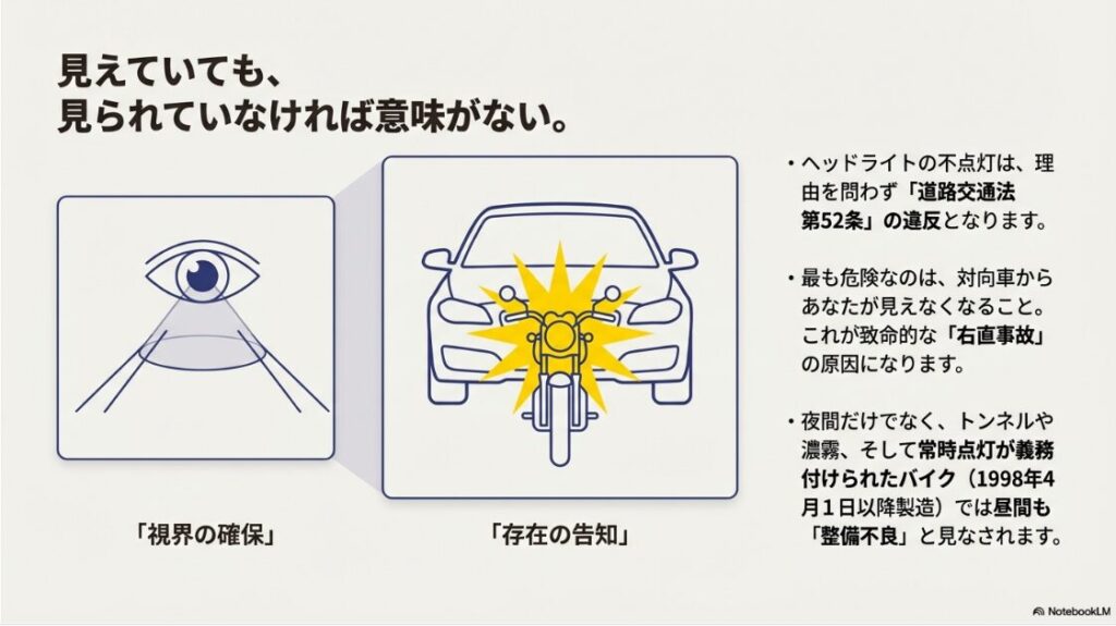 バイクのヘッドライトがつかない原因は？バイクヘッドライトの役割（視界確保と存在告知）と道路交通法第52条違反について
