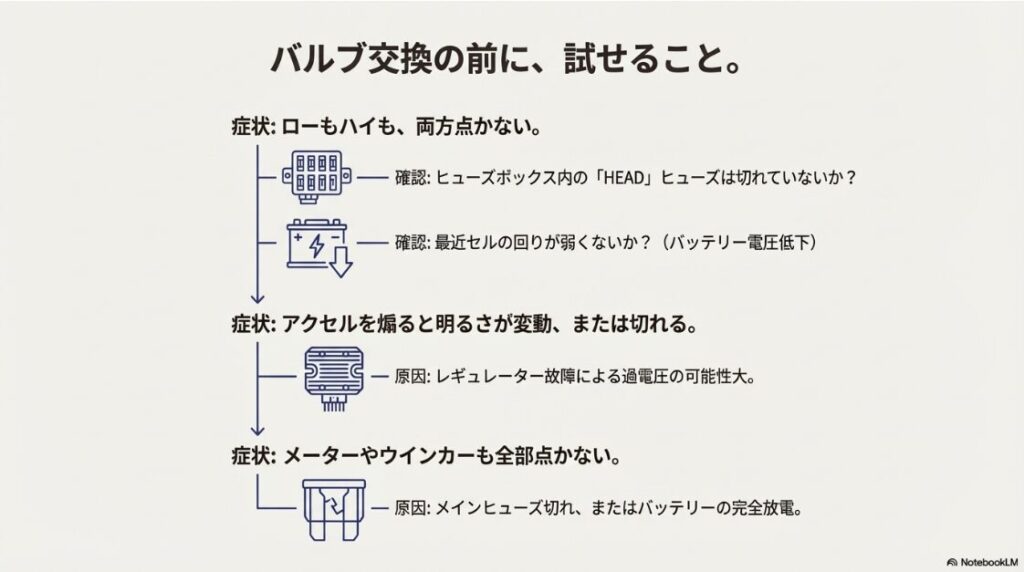 バイクのヘッドライトがつかない原因は？ヘッドライトが点かない原因切り分けフローチャート（ヒューズ・レギュレーター・バッテリー）