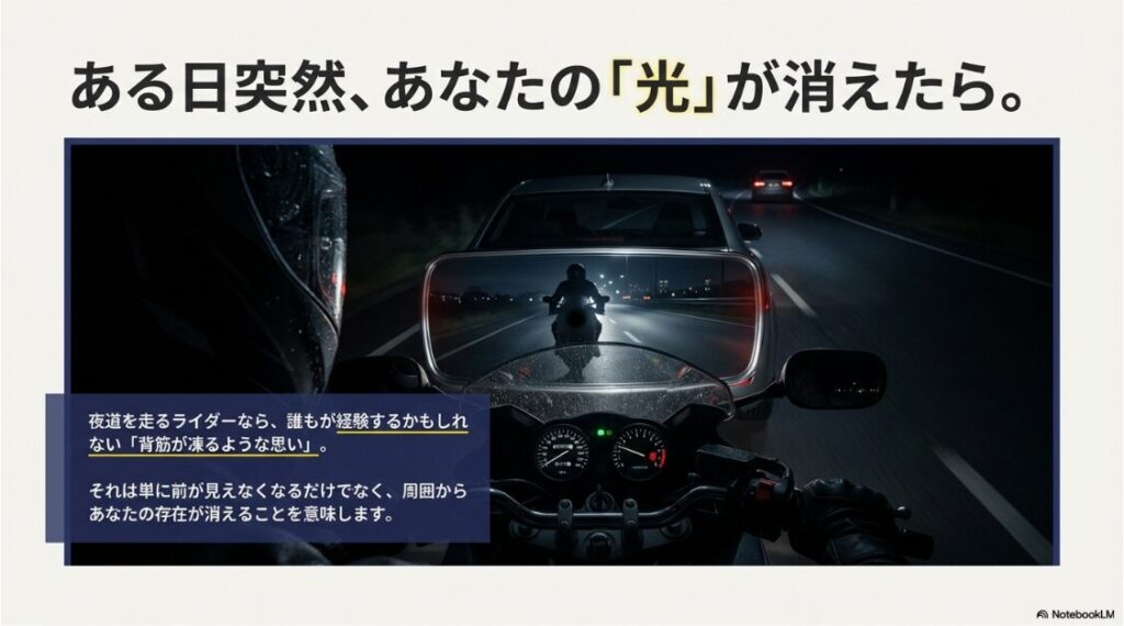 バイクのヘッドライトがつかない原因は？夜道を走るバイクのヘッドライトが突然消えるイメージと危険性の警告