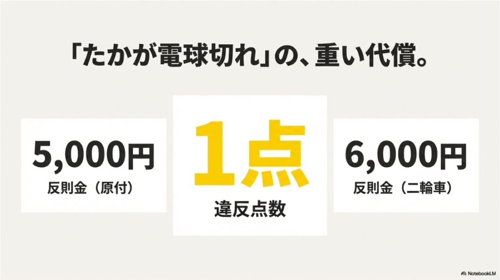 バイクのヘッドライトがつかない原因は？整備不良（尾灯等）の違反点数1点と反則金（原付5000円・二輪6000円）
