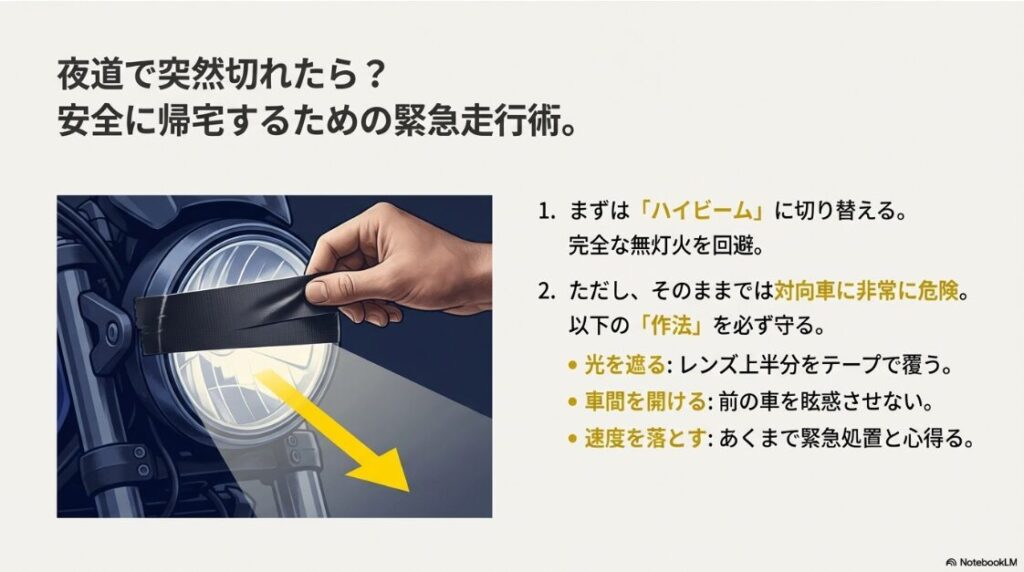 バイクのヘッドライトがつかない原因は？夜間走行中にヘッドライトが切れた際の応急処置・ハイビーム減光方法