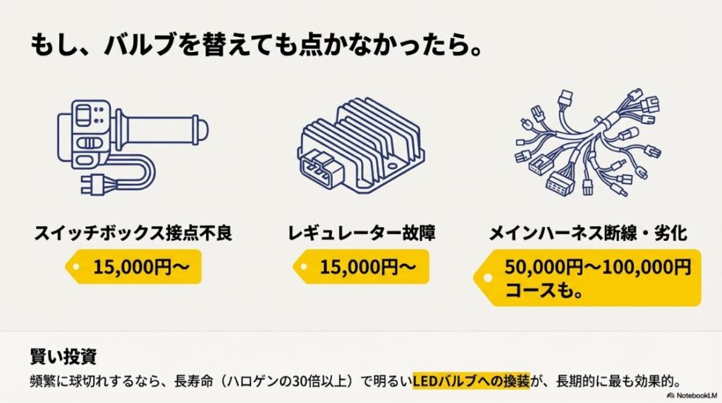 バイクのヘッドライトがつかない原因は？スイッチボックス・レギュレーター・ハーネスの故障とLEDバルブへの交換推奨