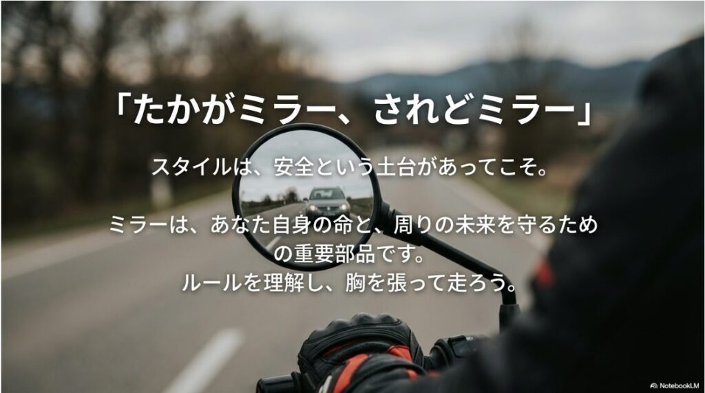 バイクのミラーは片方でも捕まらない？ミラーは命を守る重要部品であるというメッセージと締めくくりの言葉