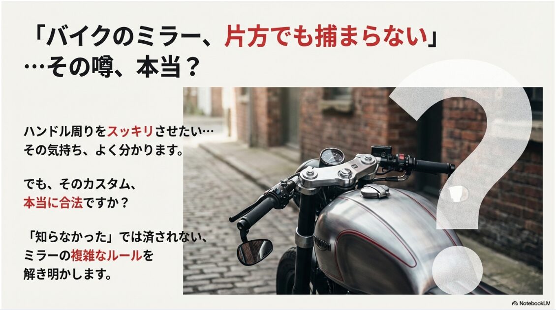 バイクのミラーは片方でも捕まらない？カフェレーサースタイルのバイクハンドル周りと、カスタムの適法性を問うメッセージ