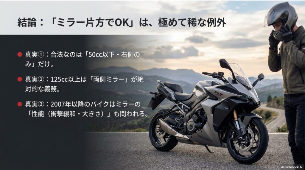 バイクのミラーは片方でも捕まらない？50cc以下の例外、125cc以上の義務、2007年以降の基準をまとめた結論スライド