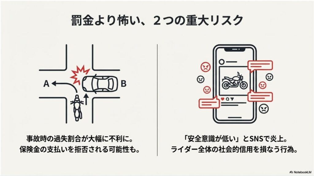 バイクのミラーは片方でも捕まらない？左折巻き込み事故の図解と、整備不良をSNSで指摘されるリスクのイメージ