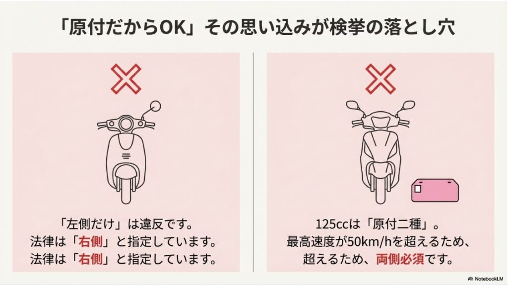 バイクのミラーは片方でも捕まらない？ピンクナンバーのスクーターにおける左側ミラー取り外し違反のイラスト解説