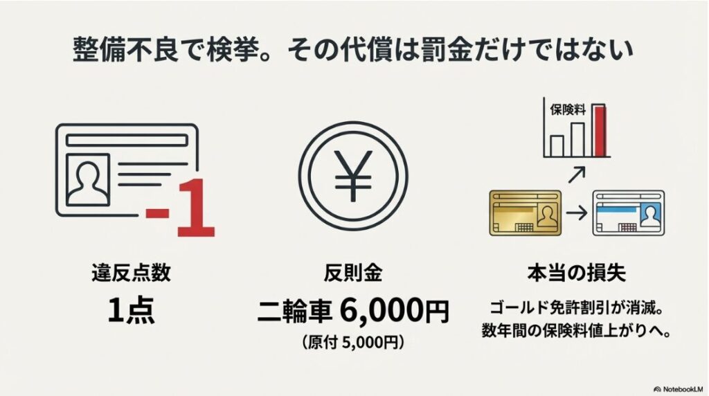 バイクのミラーは片方でも捕まらない？違反点数1点と反則金に加え、保険料値上がりなどのトータルコストを示すインフォグラフィック
