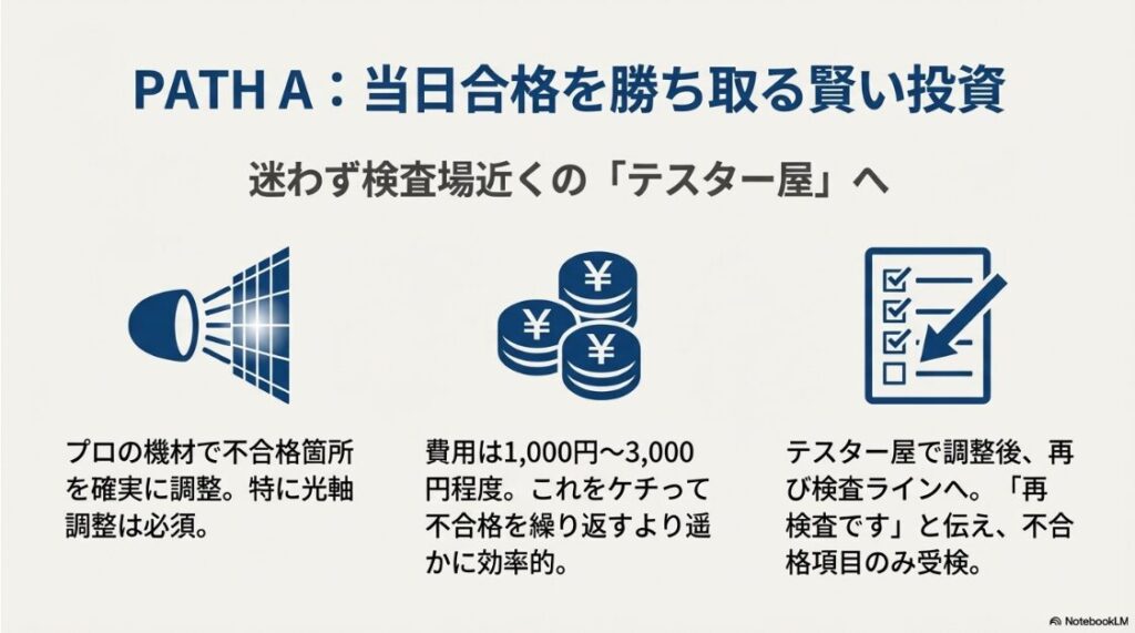バイクのユーザー車検に初めて落ちた！テスター屋（予備検査場）での光軸調整にかかる費用と確実な合格のための投資効果